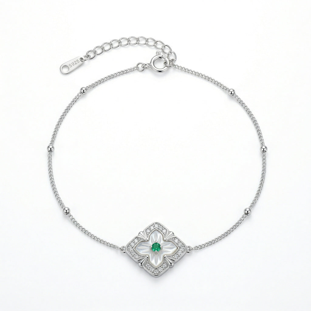 925 Sterling Silver Bracelet with Mother of Pearl and Green Gemstone