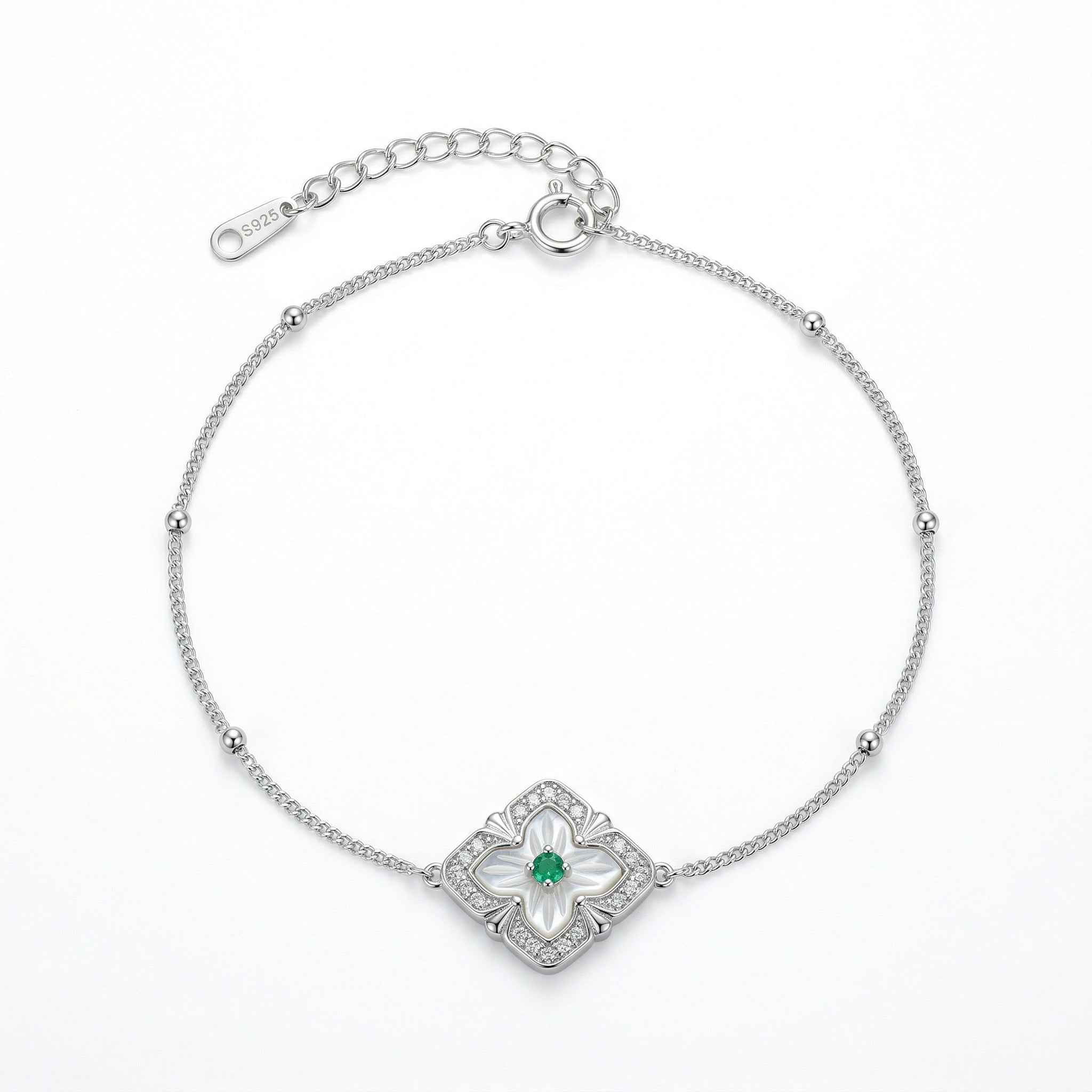 925 Sterling Silver Bracelet with Mother of Pearl and Green Gemstone
