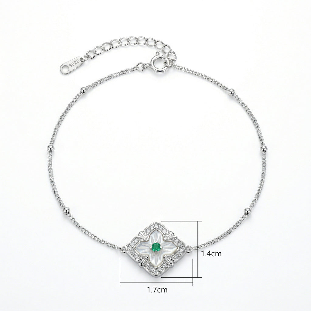 925 Sterling Silver Bracelet with Mother of Pearl and Green Gemstone