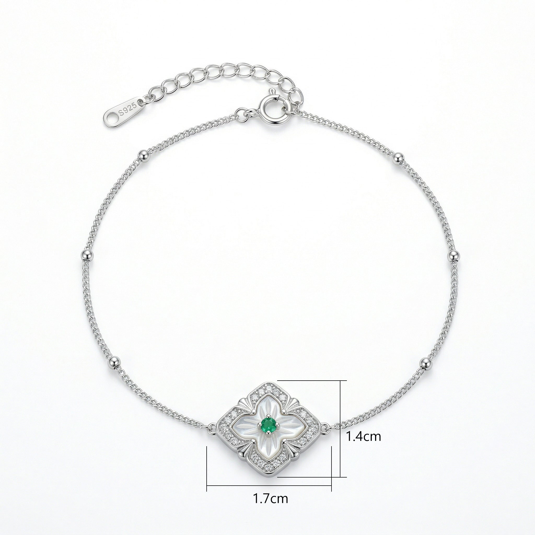 925 Sterling Silver Bracelet with Mother of Pearl and Green Gemstone