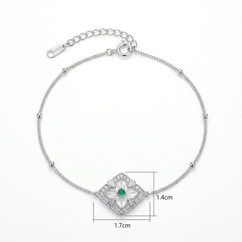925 Sterling Silver Bracelet with Mother of Pearl and Green Gemstone